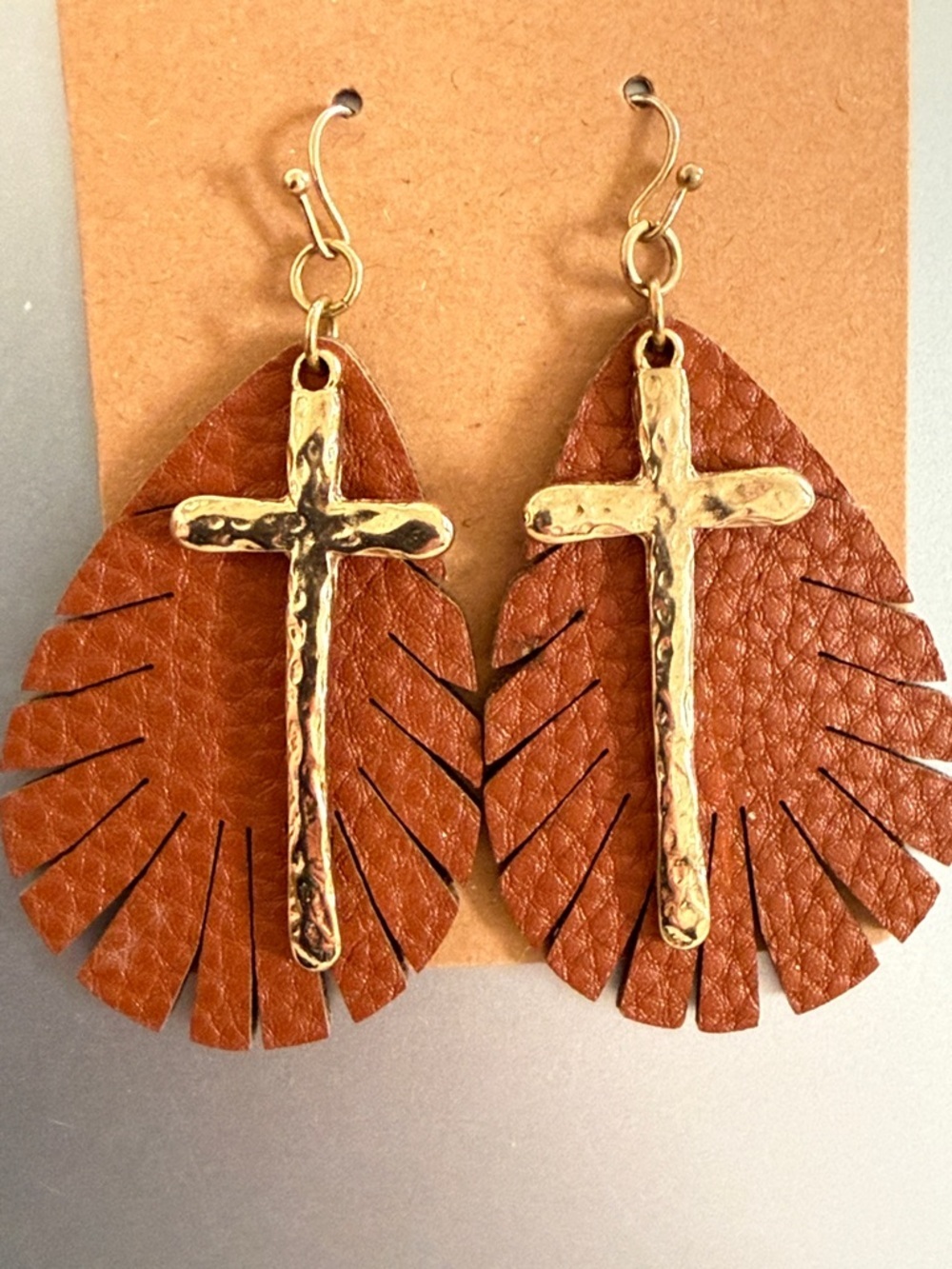 Gold Tone Hammered Cross Leather Teardrop Earrings New